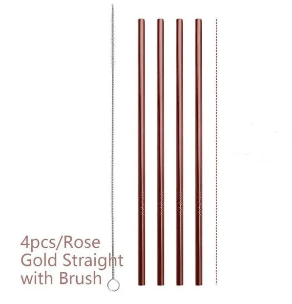 Colourful stainless steel reusable straw set with straight and bent shapes in two diameters plus cleaning brush