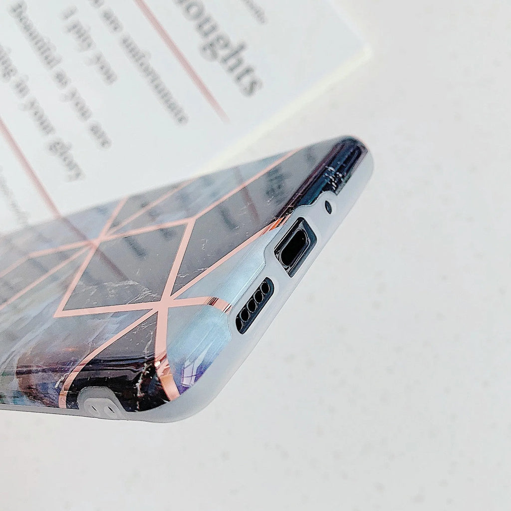 Electroplated marble finish TPU phone case showing back cover design for Huawei and Samsung smartphones
