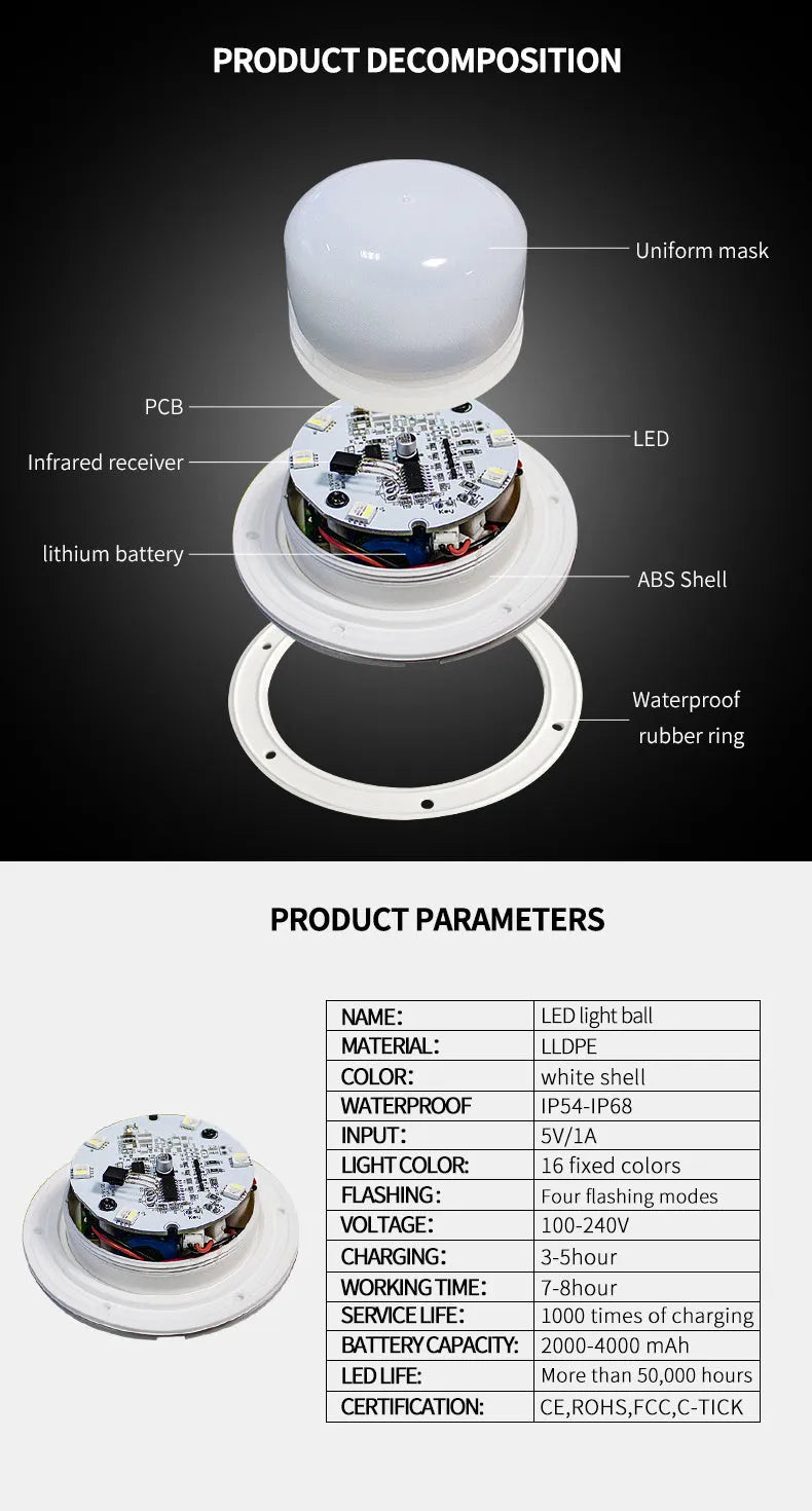 LED luminous ball floor lamp with remote control showing multiple colour options for outdoor landscape lighting