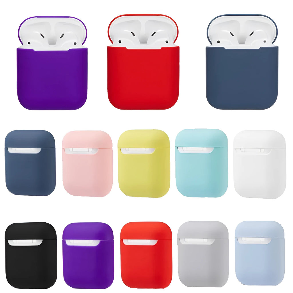 Soft silicone case for Apple AirPods in various colours, measuring 55.18 x 47.10 x 27.71mm
