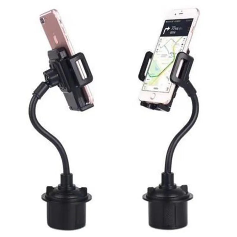 Black car phone mount bracket with adjustable side handles, suction cup, and vent clip