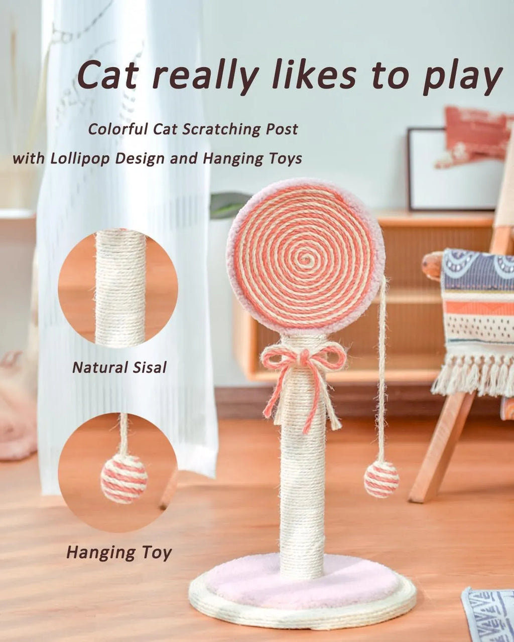 Blue cat scratching post with hanging ball, 32cm tall, on stable base, made of natural sisal rope