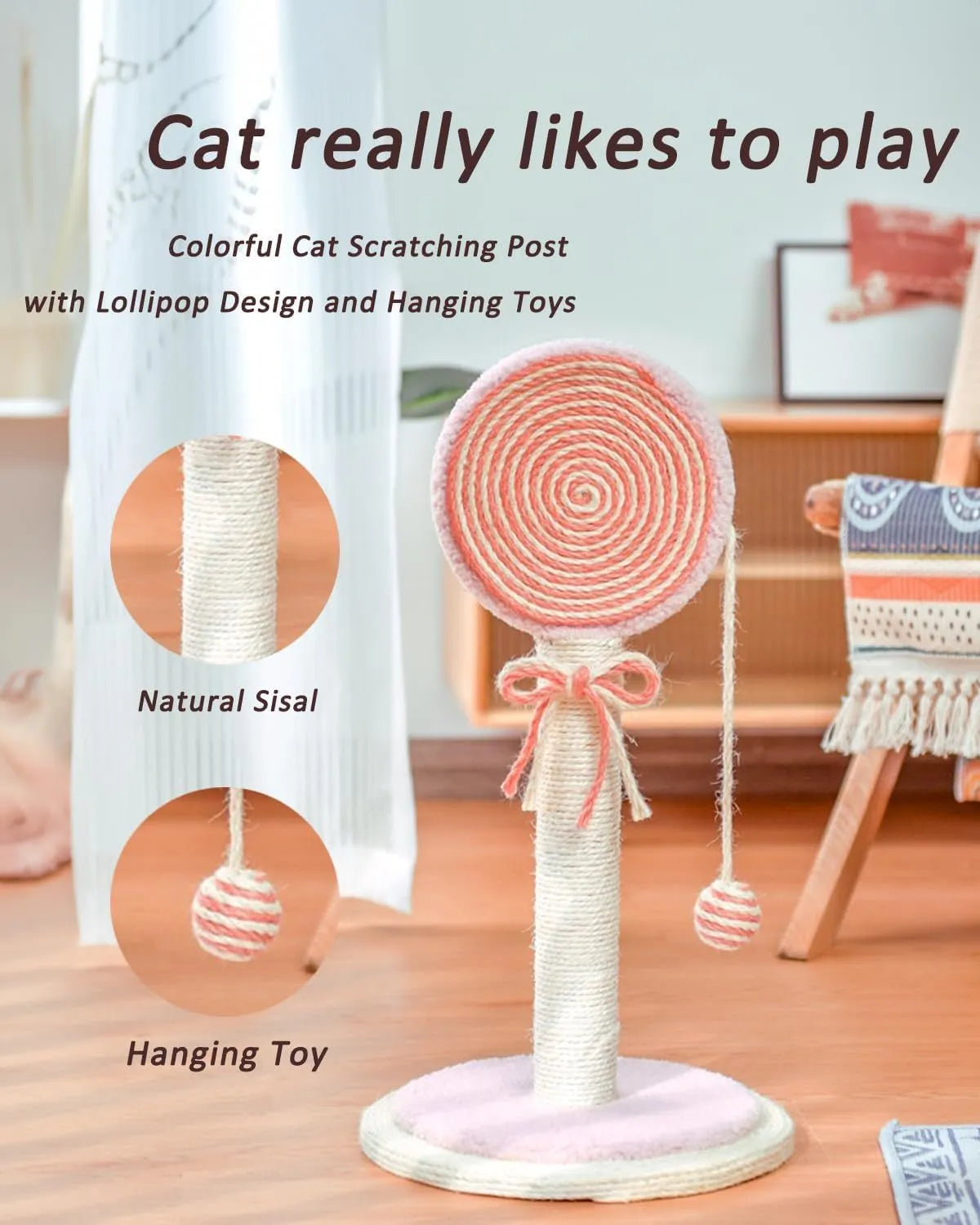 Blue cat scratching post with hanging ball, 32cm tall, on stable base, made of natural sisal rope