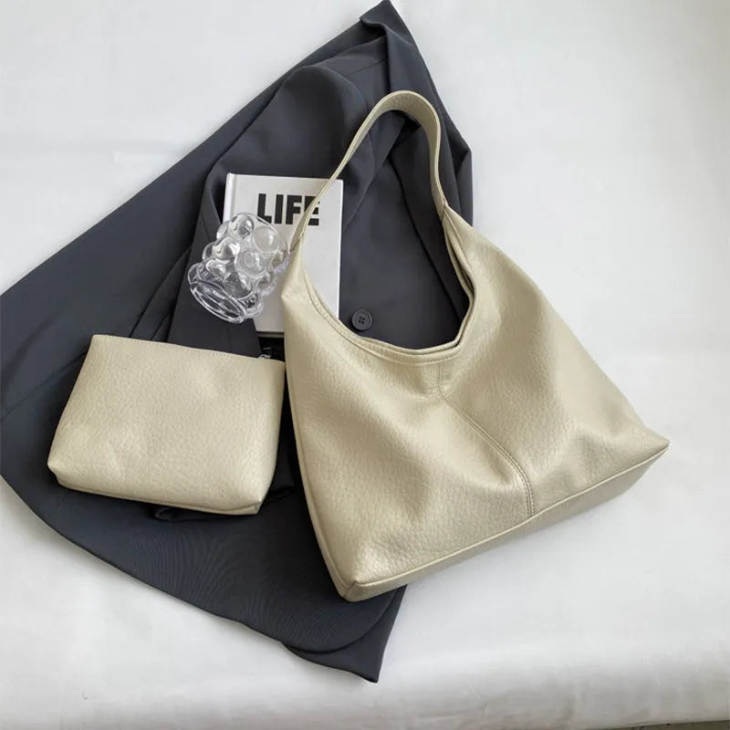 2Pcs women's soft PU shoulder bag set with small wallet in beige, horizontal square shape, daily matching handbag