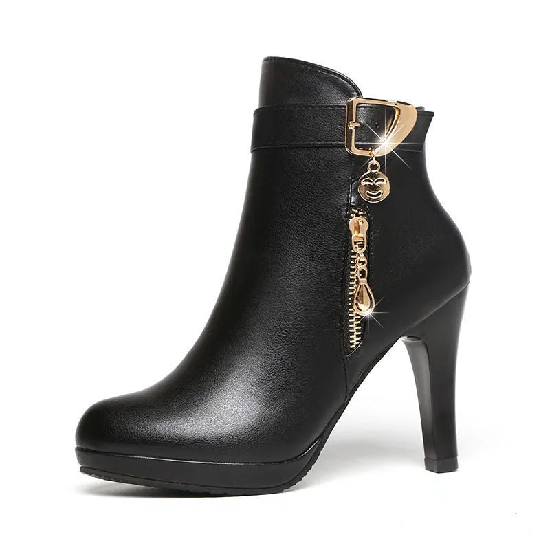 Black women's pointed toe high heel boots with 6-8cm fine heel, artificial PU upper and rubber sole