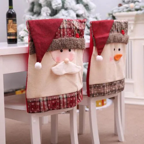 Christmas chair covers with Santa Claus, Snowman, and Santa hat designs on dining chairs, hypoallergenic fabric