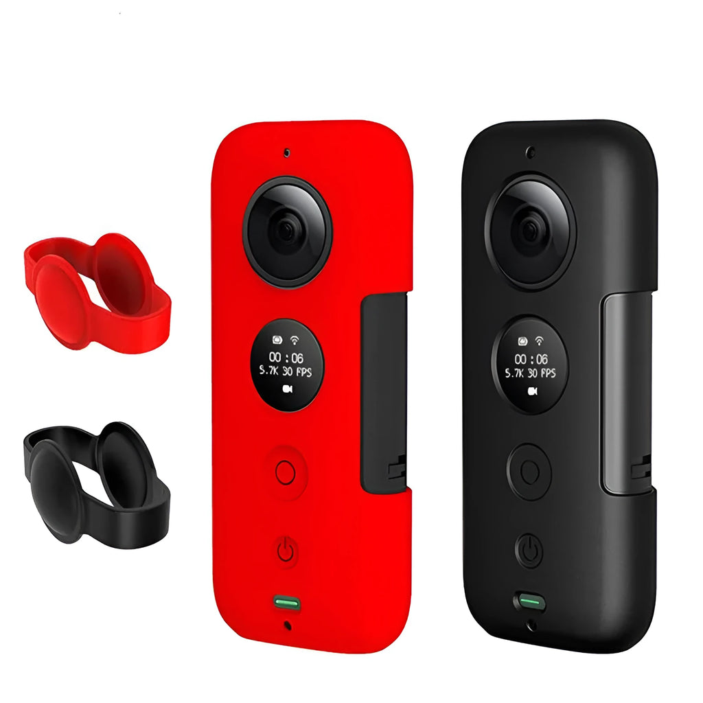 Insta360 One X silicone protective case in black and red colours showing precise camera cutouts