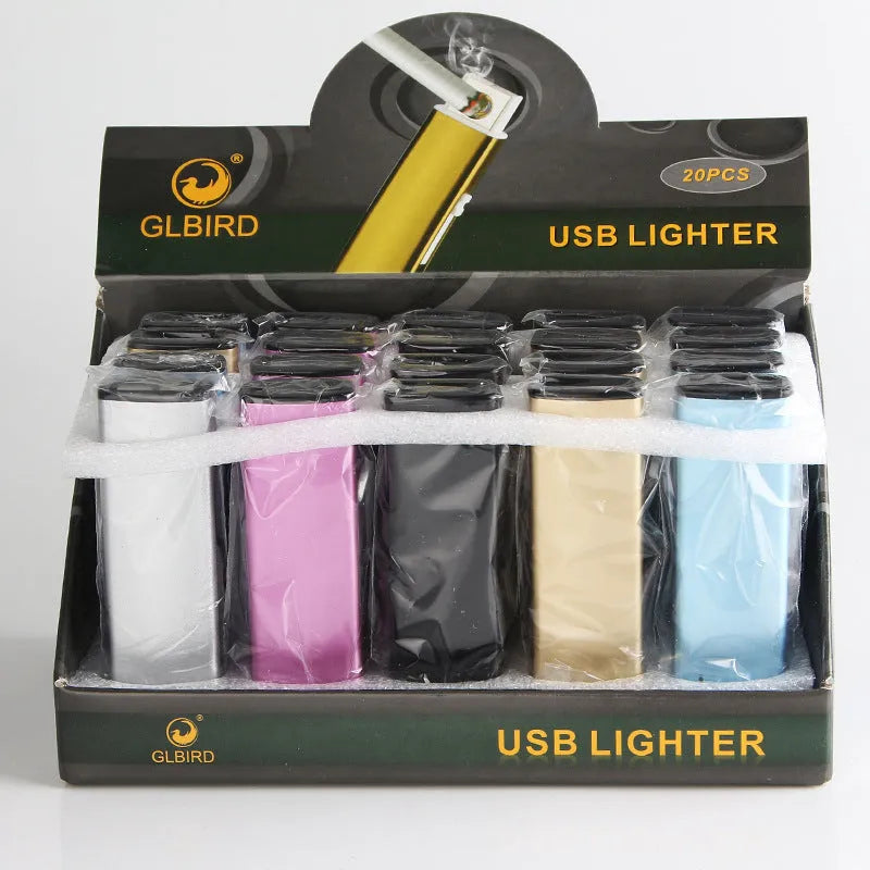 Set of twenty metal rechargeable windproof cigarette lighters in assorted random colours.