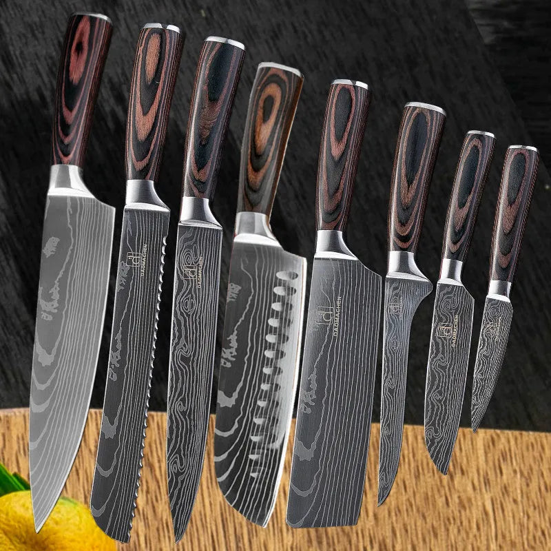 Professional kitchen knife with laser Damascus pattern on 7CR17 stainless steel blade, colour steel handle
