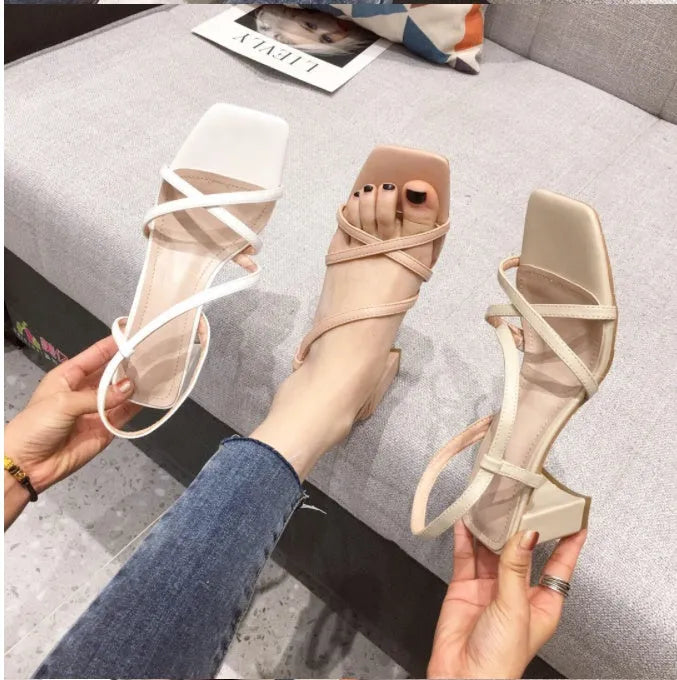 Women's thick-heel sandals in apricot colour with 9cm heel, backless design, and side ventilation
