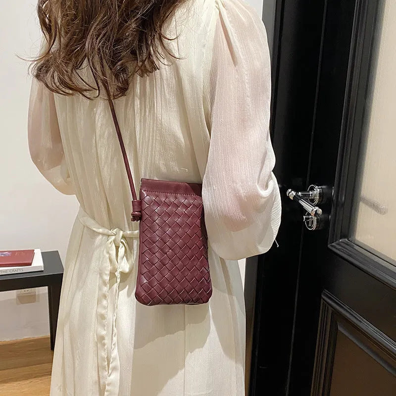 Vintage weave crossbody phone bag in vertical square shape with card slot, shown in multiple colour options