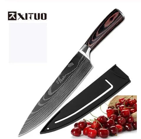 Santoku chef knife with laser Damascus pattern blade and coloured wood handle, blade length 7 inches.