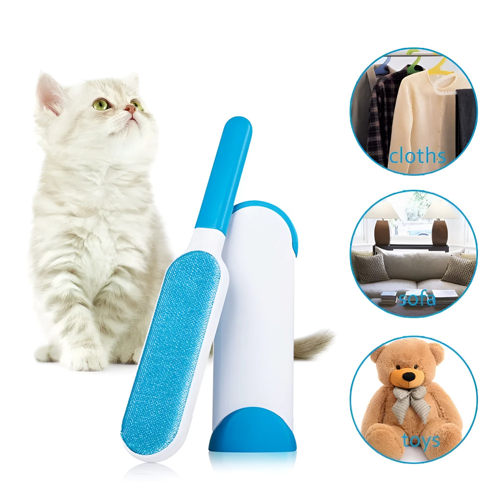 Blue reusable pet hair removal comb with double-sided flannel brush next to its self-cleaning base unit.