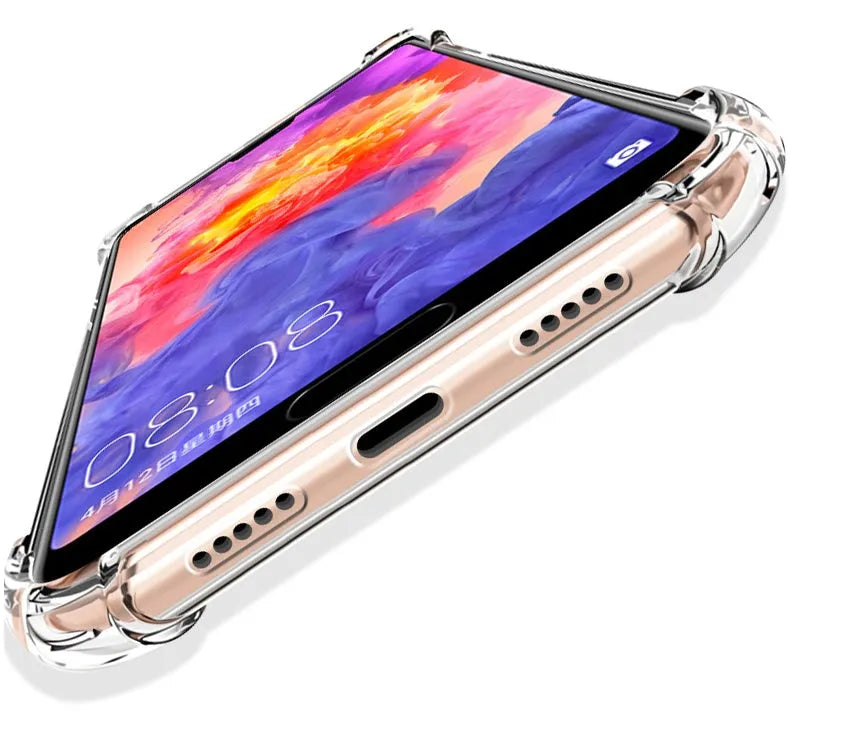 Transparent TPU phone case showing Huawei smartphone compatibility with airbag drop-resistant technology