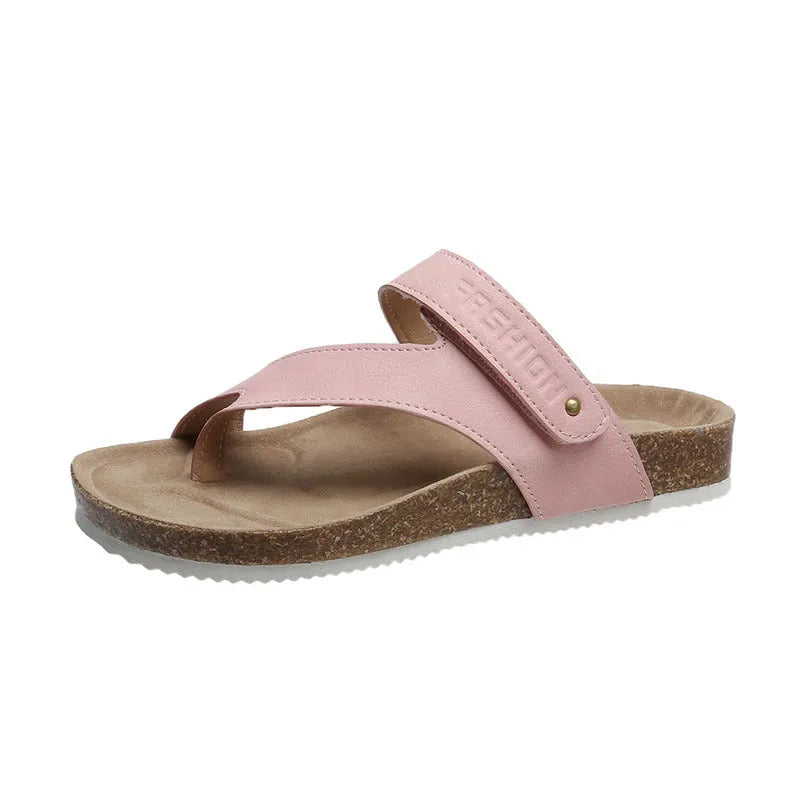 Flat toe ring thick-soled flip-flops in red, blue, grey, pink, brown, or grey variant with foam soles and artificial PU uppers.