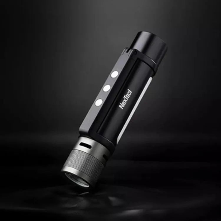 Black portable rechargeable flashlight, 34mm x 160.5mm, with Type-C charging and 1400mAh power bank