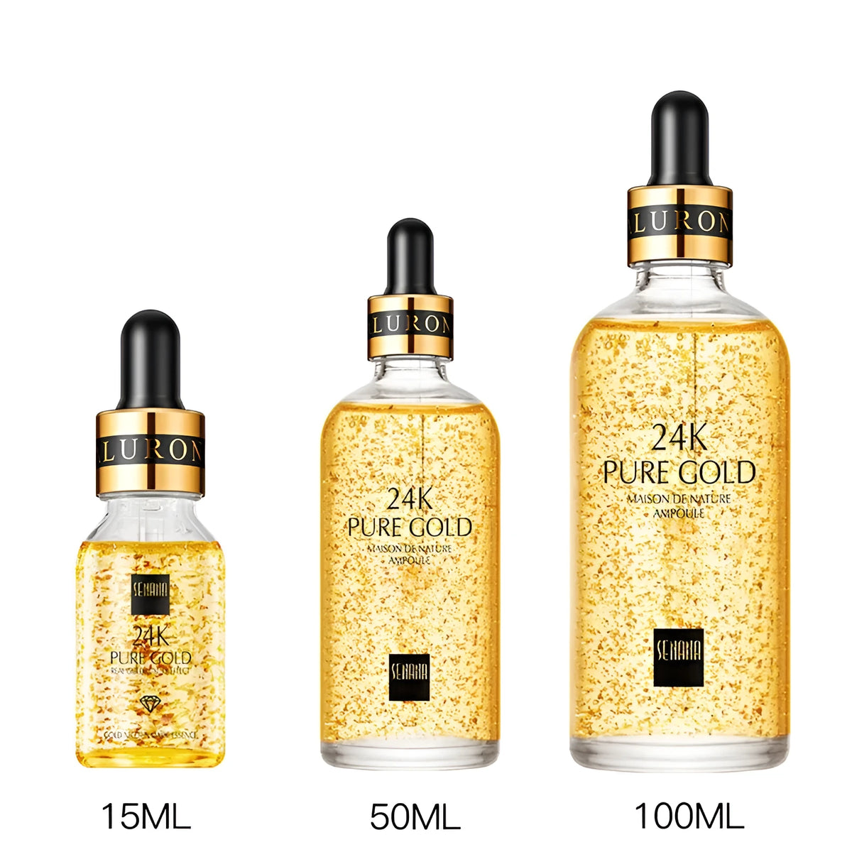 24K gold nicotinamide stock solution bottle in 15ml, 50ml or 100ml, lightweight anti-ageing gel essence for fine lines and dull skin