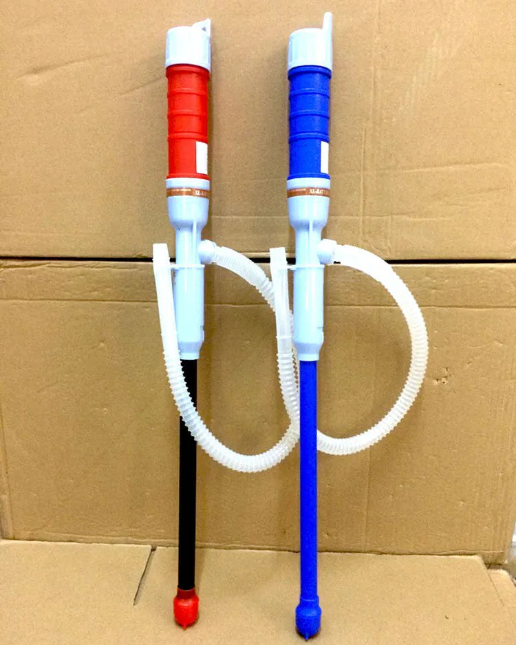 Blue or red manual siphon pump for transferring fuel, oil, and liquids, made from durable PP material