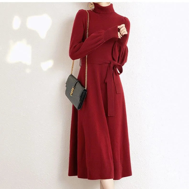 Rose red turtleneck knit dress with elastic waist and long skirt measuring approximately 100-110cm in length