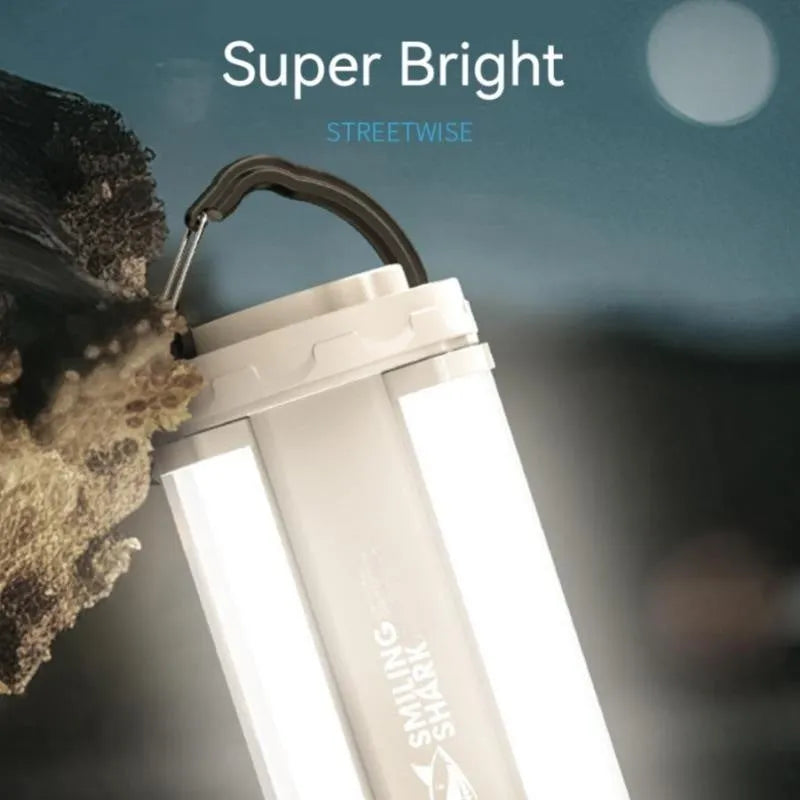 Super bright white rechargeable camping lamp with a magnetic black base.
