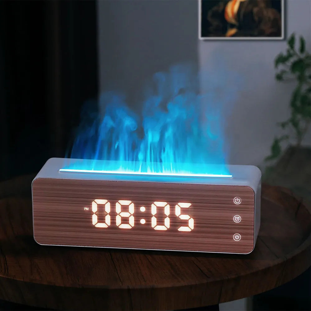 White flame humidifier with clock display, 28 x 8.5 x 9.3 cm, for desktop aromatherapy in bedroom or hotel