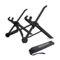 Black portable folding computer bracket shown at various heights up to 40cm with laptop