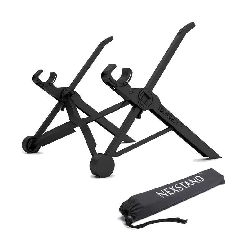 Black portable folding computer bracket shown at various heights up to 40cm with laptop