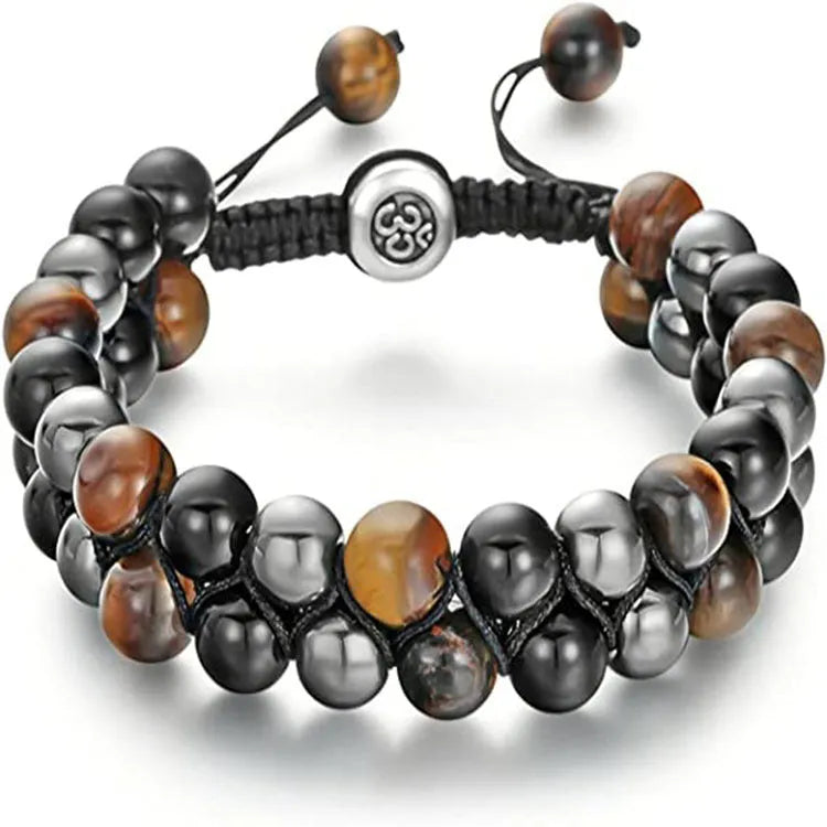 Men's handcrafted Tiger Eye double-row woven bracelet with geometric beads and magnetic closure