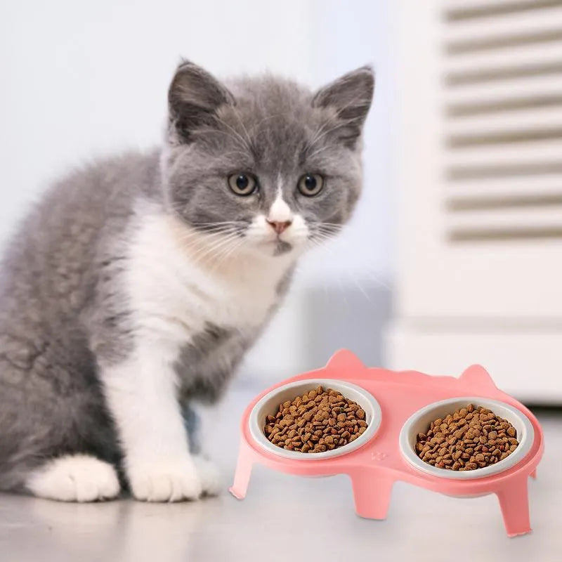 Ceramic cat food and water bowl set on elevated plastic stand with hook