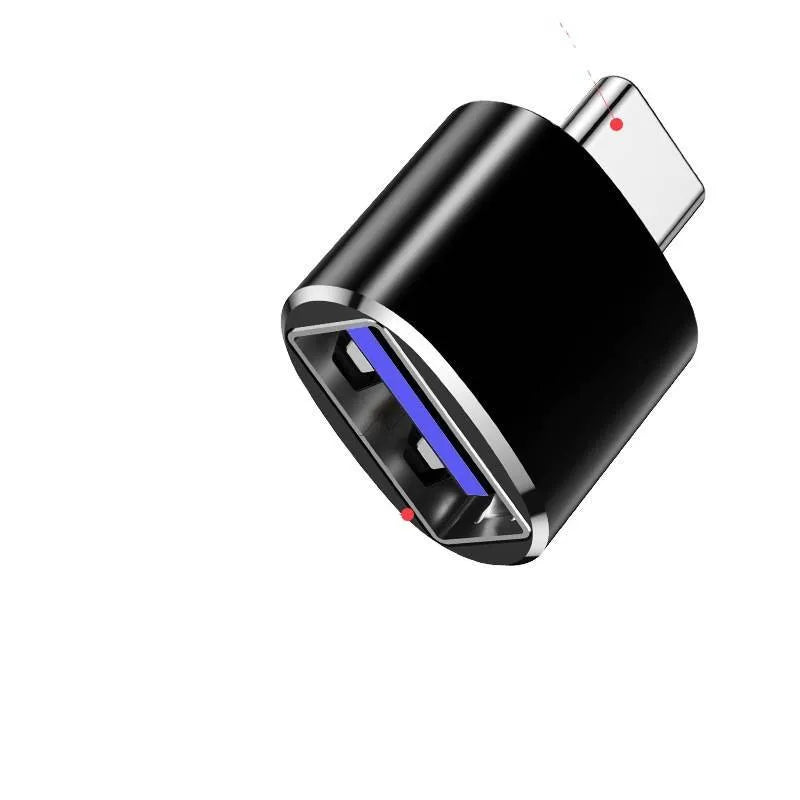 USB Type-C to USB-A OTG adapter shown in black, silver, and gold colour options.