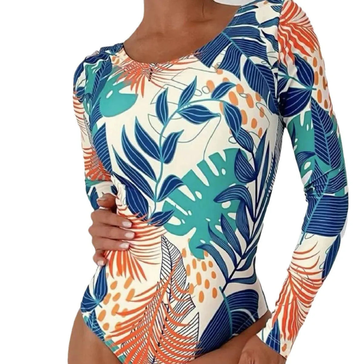 Women's backless one-piece swimsuit with floral print in blue colour showing bikini split design
