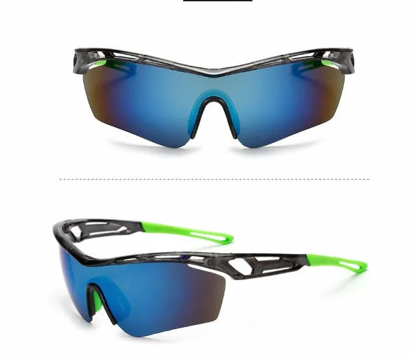 Bicycle glasses with PC frame and PC lenses in sport style, shown in Black, Green, Red, White, and Yellow colour options