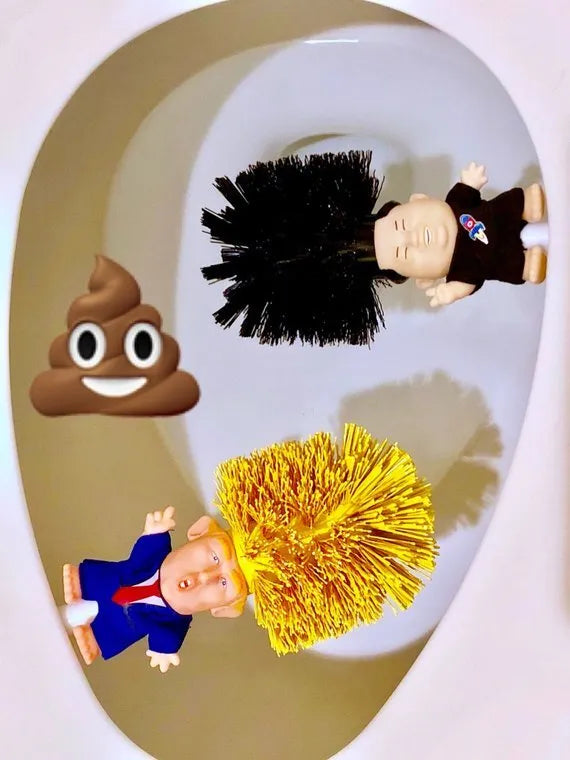 Yellow plastic Trump novelty toilet brush with a hanging slot on the handle.