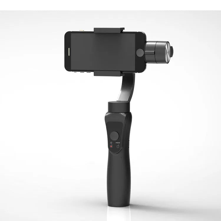 Black 3-axis handheld smartphone gimbal stabilizer showing rotation capabilities for phones below 6.5 inches