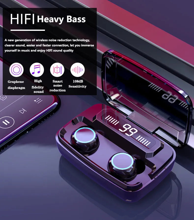Black Bluetooth wireless headset with digital power display showing battery percentage, placed in charging case