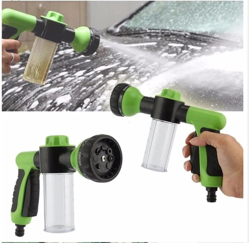 Green high-pressure foam spray gun with adjustable nozzle for car washing and household cleaning, showing eight spray types and 15cm by 21cm size