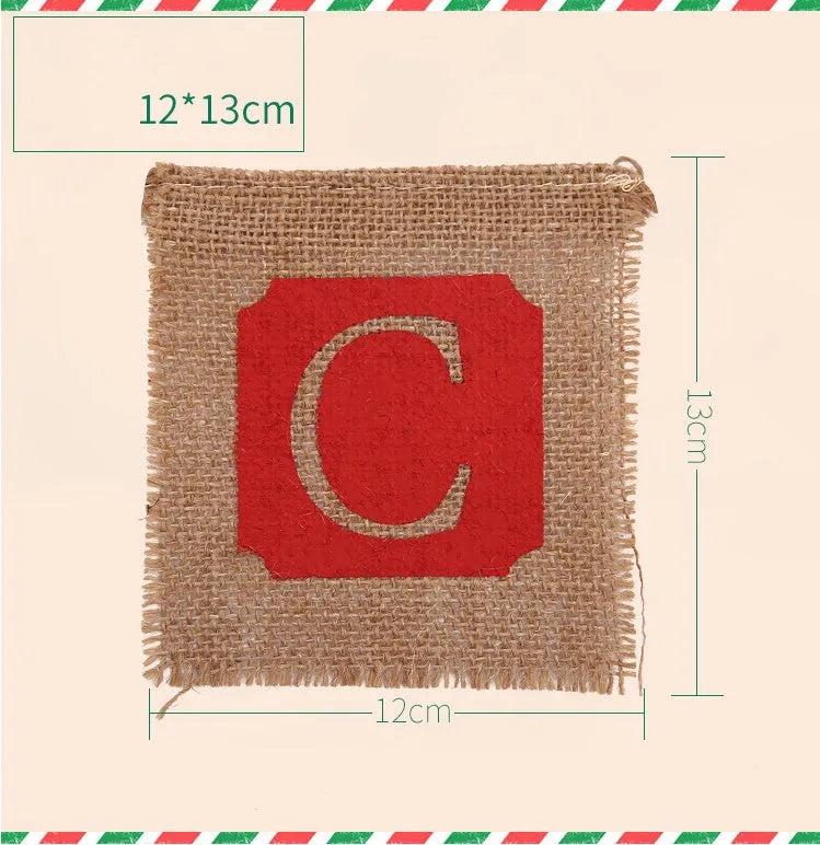 Brown and red burlap Christmas banner with 14 flags measuring 12x13cm each on string