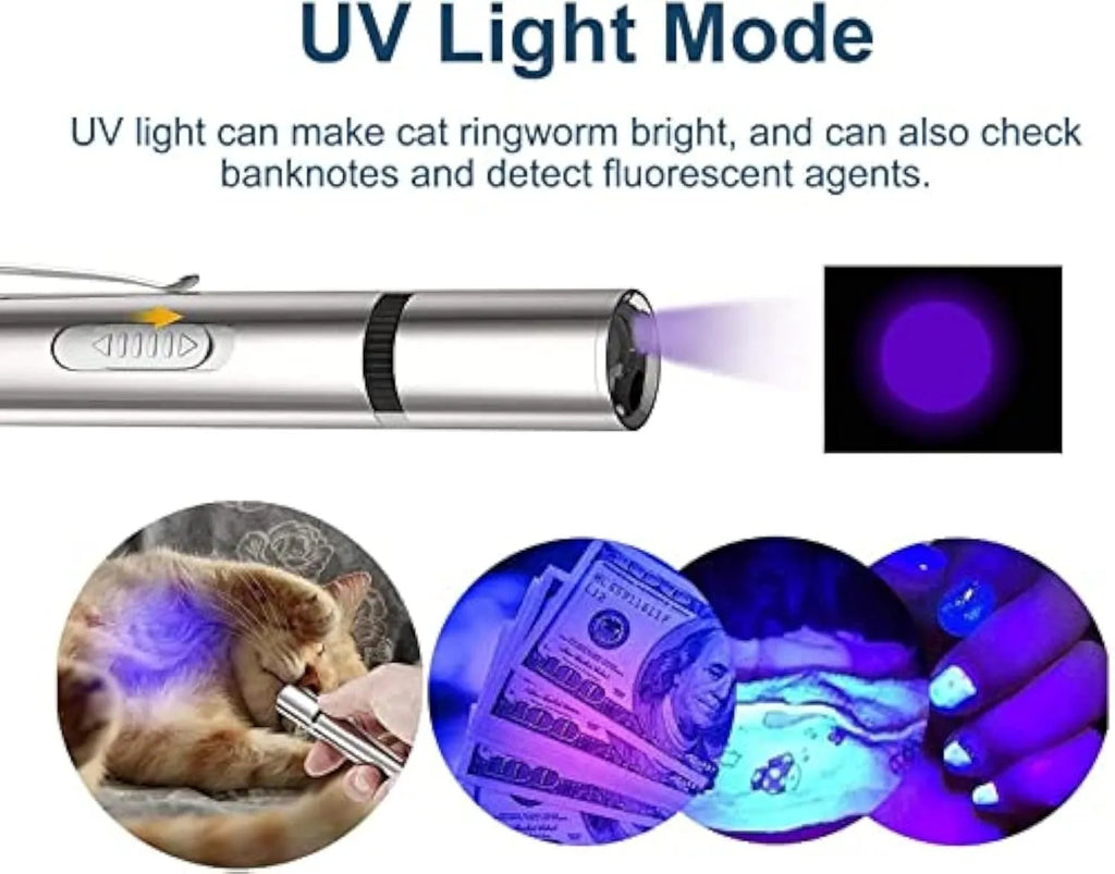 Silver aluminium alloy cat toy pointer with light patterns for indoor play, 19cm long