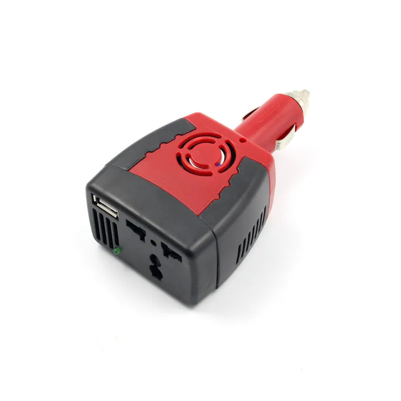 Black and red 150W car power inverter with AC and USB outputs for vehicle use