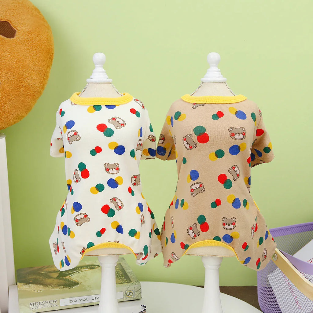 Dog wearing colourful ball bear design cotton spandex blend pet clothes in beige colour