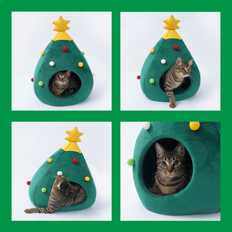 Christmas tree-shaped plush cave pet bed for cats and dogs with detachable cover in three available sizes