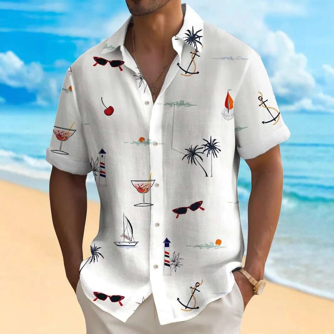 Men's Hawaiian shirt with digital print, loose fit, short sleeves, and 100% polyester fabric in various colours.