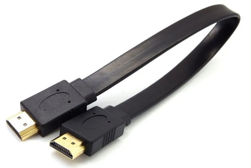 Flat HDMI cable showing length options from 0.3m to 10m with 1080p resolution support