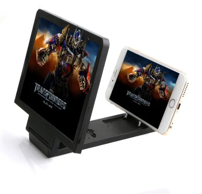 Black radiation-proof 3D mobile phone screen amplifier stand with adjustable angles on a desk