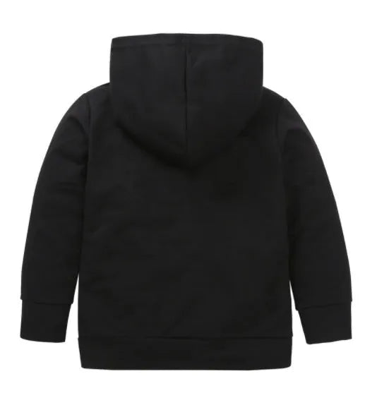 Boy's black hooded sweater with white letter pattern, long sleeves, and pullover neck.