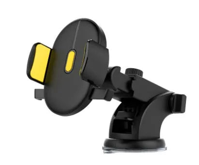 Yellow and black car phone holder with telescopic arm and suction cup on a dashboard