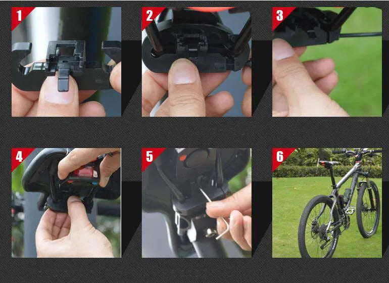 Remote control bicycle alarm and intelligent bike tail light set with USB cable, remote, brackets, straps, and screws
