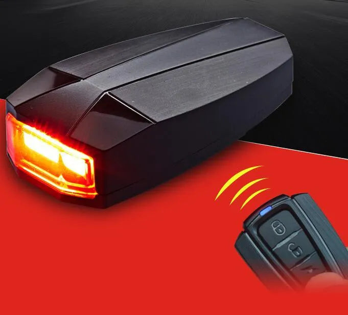 Remote control bicycle alarm and intelligent bike tail light set with USB cable, remote, brackets, straps, and screws