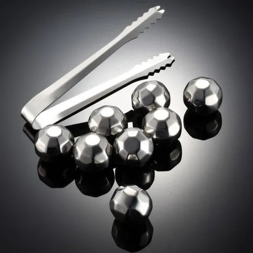 Stainless steel whiskey chilling stones in cube, ball, diamond, and heart shapes with clip