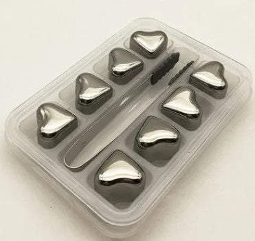 Stainless steel whiskey chilling stones in cube, ball, diamond, and heart shapes with clip